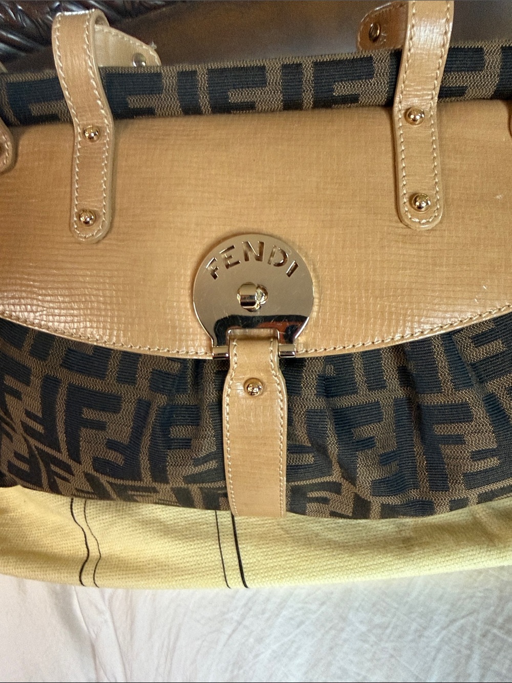 Fendi Brown and Tan FF Logo Satchel with Leather Trim